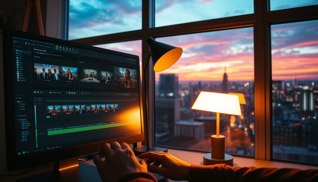 A vibrant, cinematic timelapse video editing scene. In the foreground, a computer screen displays a video editing software interface, with multiple video clips arranged on a timeline. The user's hands are visible, manipulating the clips and applying transitions. In the middle ground, a desk lamp casts warm, diffused lighting onto the scene, creating a cozy, focused atmosphere. In the background, a large window overlooking a bustling city skyline at dusk, with the fading sunset painting the sky in hues of orange and purple. The overall mood is one of creative concentration and the thrill of crafting a dynamic timelapse sequence.