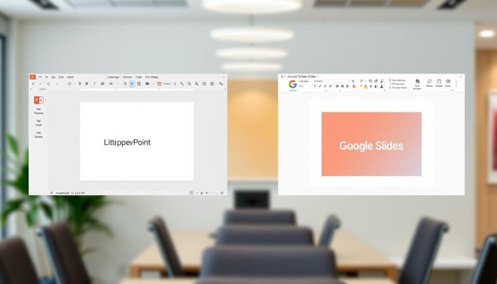 A well-lit, detailed scene depicting the interface of PowerPoint and Google Slides side-by-side, showcasing their linked slide functionality. The PowerPoint window features a slide with a hyperlinked icon, while the Google Slides window displays the linked slide. The background is a neutral, slightly blurred office setting, allowing the software interfaces to take center stage. The lighting is natural, creating a professional, informative atmosphere. The camera angle is positioned to provide a clear, high-resolution view of the software interactions, without any distracting elements. The overall composition highlights the ease of sharing and exporting linked slides between the two presentation applications.