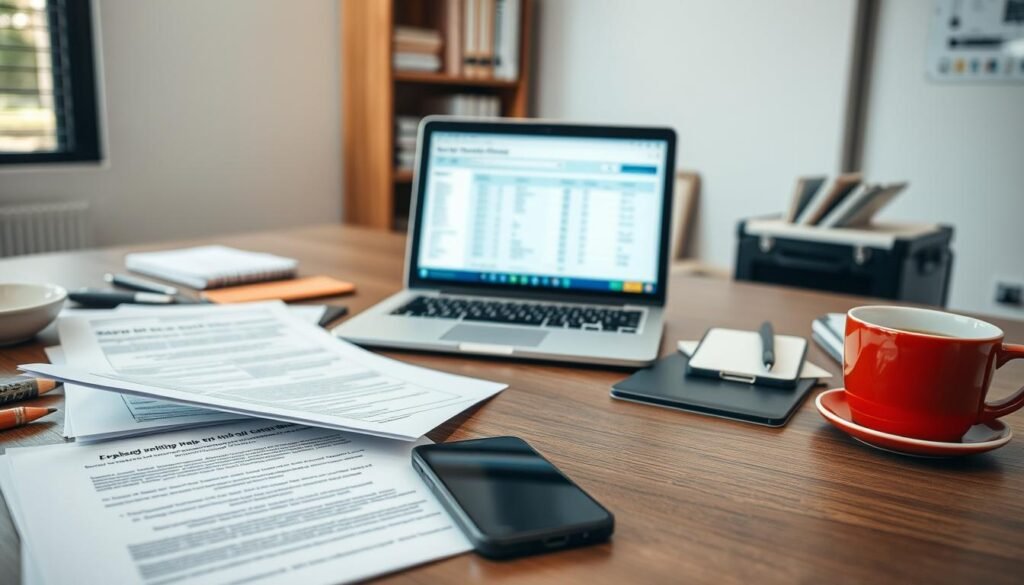 A well-lit, high-resolution image of a business office desk with various office supplies and devices, including a laptop, a smartphone, and a cup of coffee. In the foreground, there are several documents and forms related to email compliance regulations, such as privacy policies, opt-out instructions, and unsubscribe guidelines. The middle ground features a laptop screen displaying an email marketing dashboard, emphasizing the need for adherence to regulatory requirements. The background showcases a bookshelf or filing cabinet, representing the importance of maintaining organized records for compliance purposes. The overall scene conveys a sense of professionalism, attention to detail, and the necessity of following email marketing regulations.