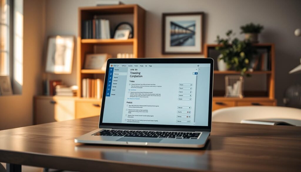 A well-lit office scene, with a desk displaying an open laptop showcasing the Office 365 interface. On the screen, a clear view of the time tracking configuration panel, with various options and settings clearly visible. In the background, a bookshelf and framed artwork add a professional, yet cozy atmosphere. The lighting casts a warm, natural glow, creating a sense of productivity and focus. The camera angle is slightly elevated, providing an unobstructed view of the desk setup, emphasizing the attention to detail in the time tracking configuration process.
