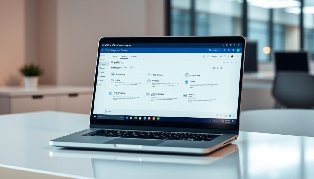 A well-lit office scene with a laptop screen prominently displaying the Office 365 contacts import process. The laptop is on a clean, minimalist desk with a sleek, modern design. The screen shows a step-by-step walkthrough of the contact import flow, with clear icons and easy-to-understand UI elements. The background is blurred, creating a focused, professional atmosphere. Soft, directional lighting casts a warm glow on the desk, emphasizing the laptop's display. The camera angle is slightly elevated, giving a sense of authority and control over the process. The overall mood is one of efficiency, productivity, and the ease of managing contacts within the Office 365 ecosystem.
