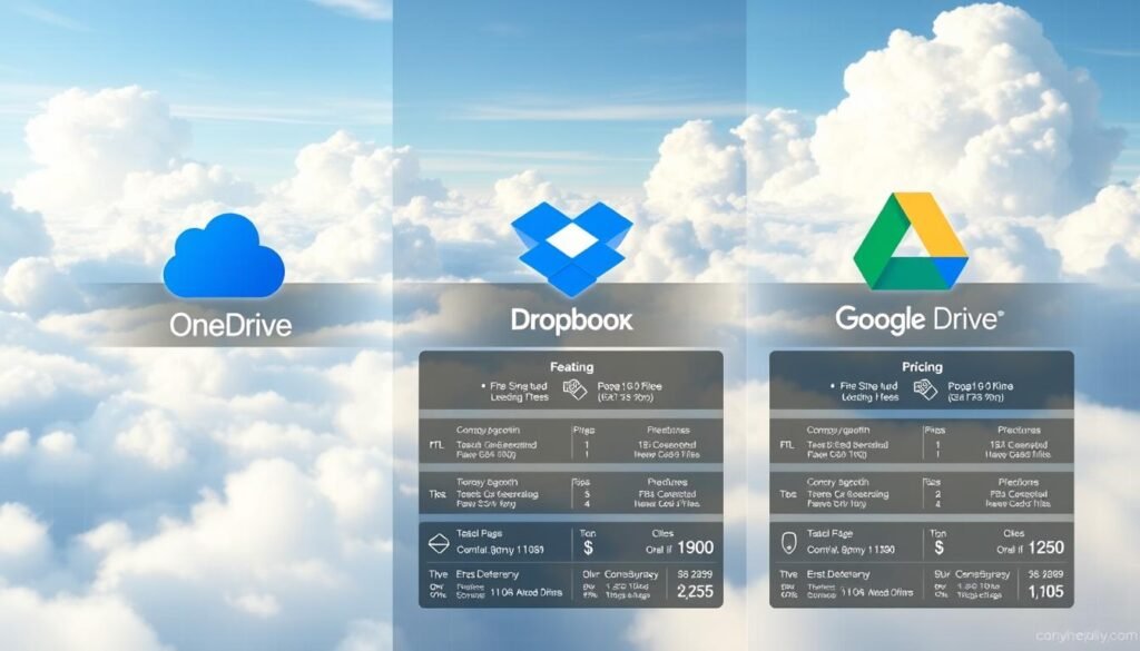 An expansive and meticulously rendered digital illustration depicting a side-by-side comparison of the popular cloud storage solutions OneDrive, Dropbox, and Google Drive. In the foreground, three sleek and minimalist storage icons float in a serene, cloud-filled sky, each with a distinct color and style. The middle ground showcases detailed infographic-style visualizations highlighting the key features, pricing tiers, and storage capacities of the three services. The background features a subtle grid pattern, conveying a sense of organization and technical precision. The overall mood is one of professionalism, clarity, and an informative, data-driven approach to understanding the differences between these leading cloud storage platforms.