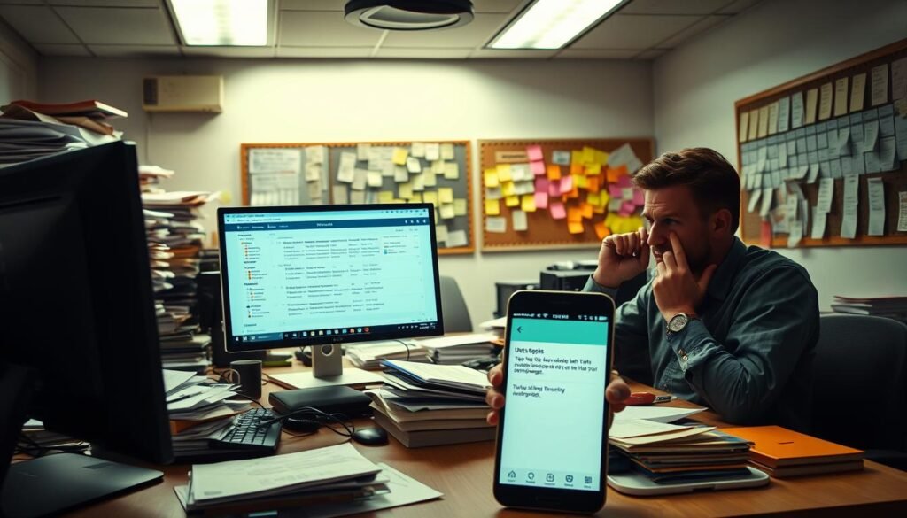 An office setting with cluttered desks, overflowing paper files, and frustrated employees struggling to track their time amidst the chaos of Office 365. Harsh overhead lighting casts harsh shadows, highlighting the challenge of maintaining productivity and work-life balance. In the foreground, a desktop computer displays a confusing time tracking interface, while in the middle ground, a mobile device displays a notification for an overdue report. The background features a bulletin board covered in sticky notes and scribbled schedules, conveying the disorganized nature of the environment. The overall mood is one of stress and disarray, underscoring the difficulties of integrating time tracking into the complexities of the modern office.