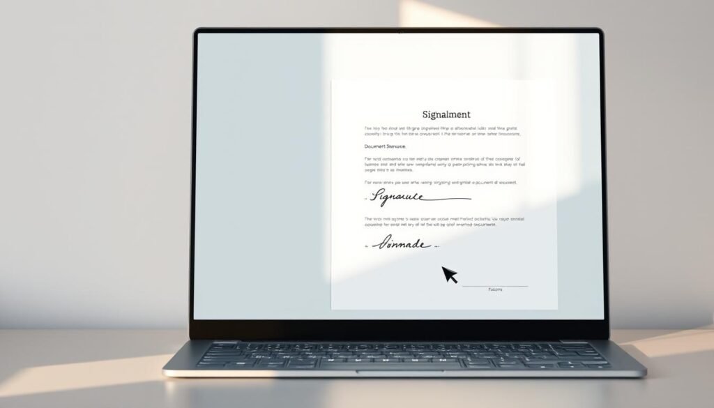 Crisp, clean desktop interface showcasing the user experience of e-signature tools. Sleek, minimalist design with a focus on intuitive workflows and seamless document signing. Prominently displayed document forms with placeholders for digital signatures, surrounded by clean white space and subtle grid lines. Soft, natural lighting casts a warm glow, creating a professional yet approachable atmosphere. A cursor hovers over the signature field, ready to capture the user's input. The overall scene conveys efficiency, simplicity, and a positive user experience in contrast to traditional paper-based signing.