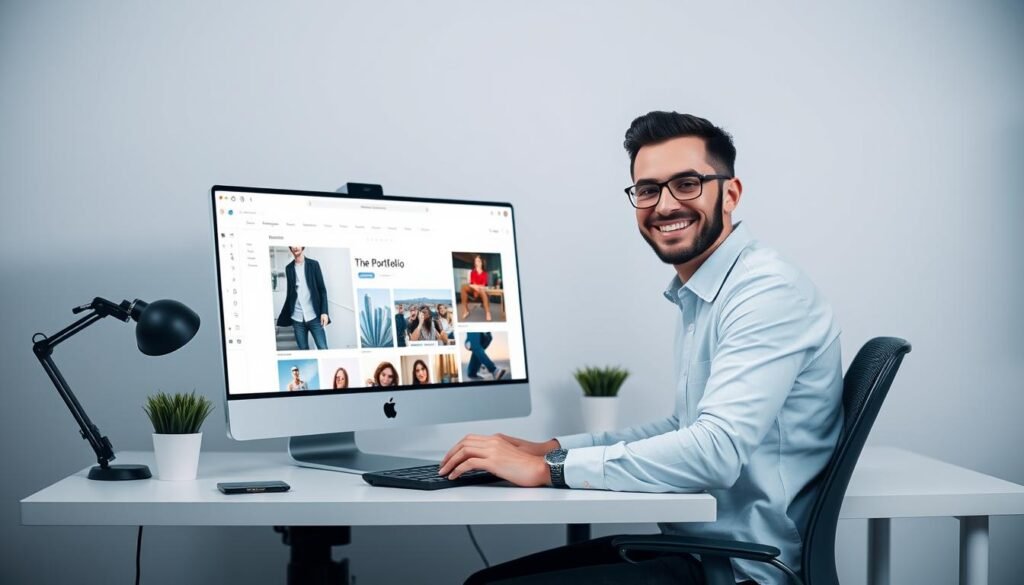 A freelance designer working on their portfolio website using a no-code website builder