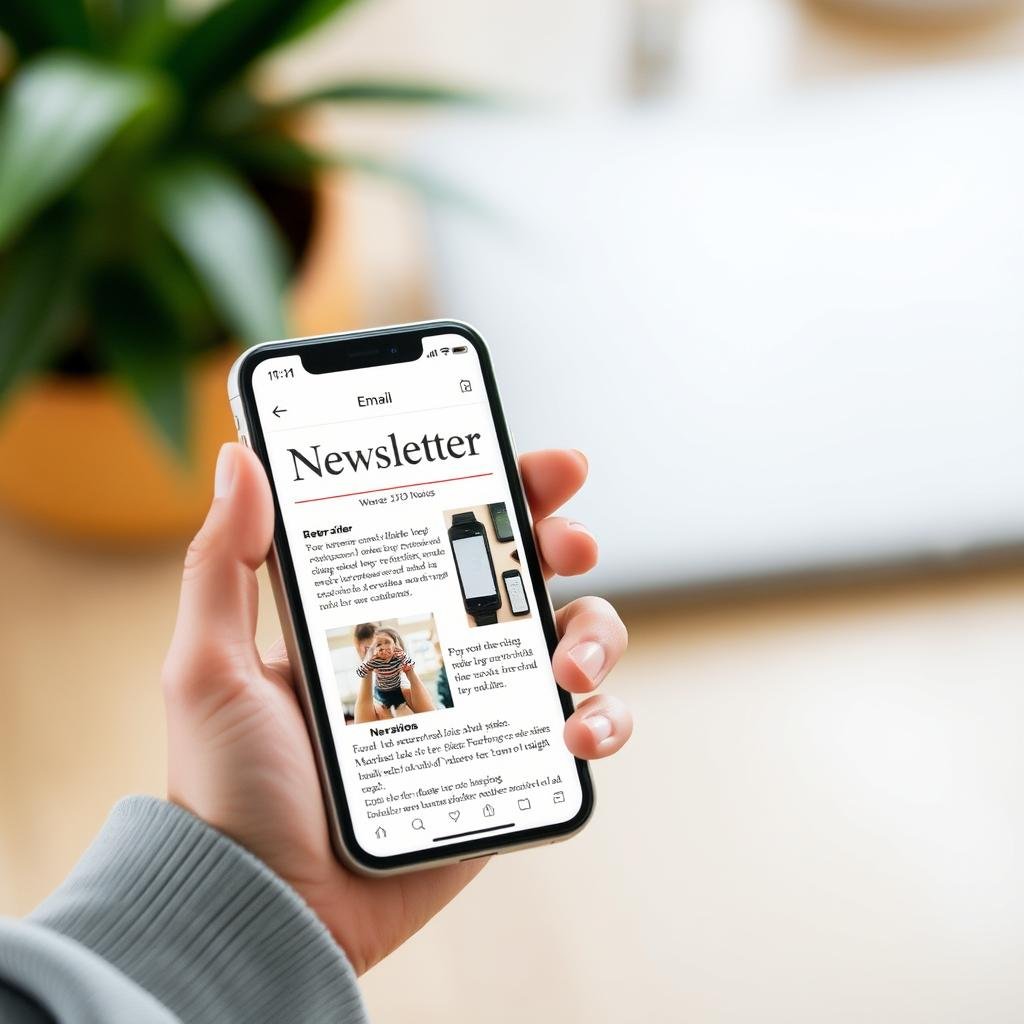 A mobile phone displaying a responsive email newsletter that looks good on small screens