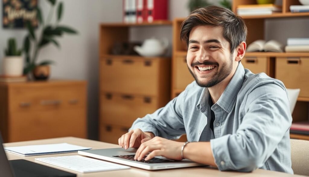 A person successfully completing a writing project with the help of AI writing tools