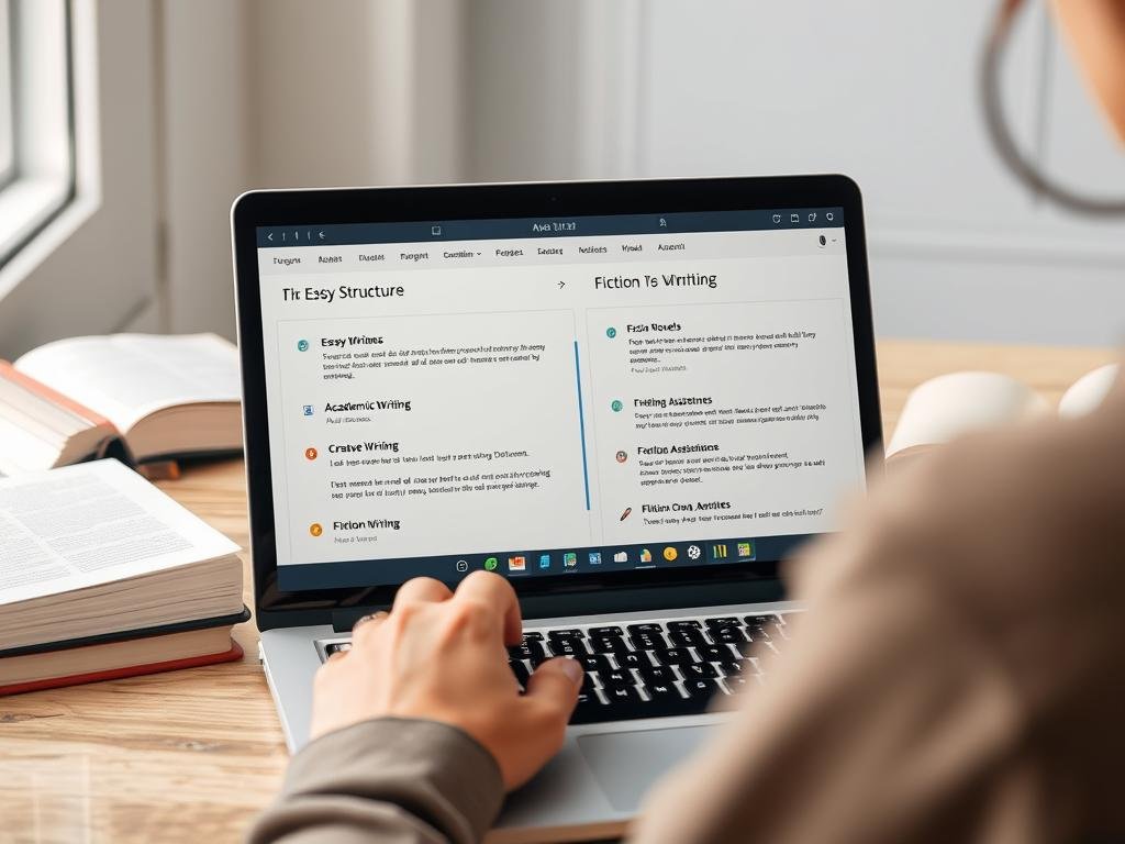A person using an AI writing tool that shows both academic and creative writing features