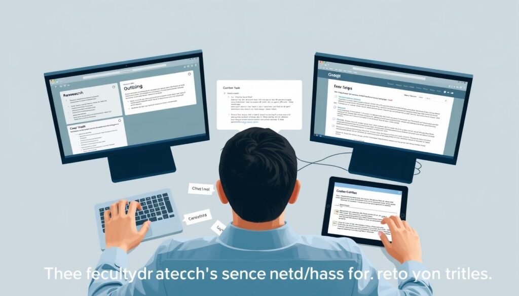 A person using multiple AI writing tools together to create a comprehensive document
