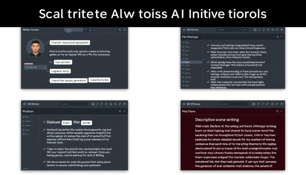 A split screen showing different AI writing tools generating creative fiction content