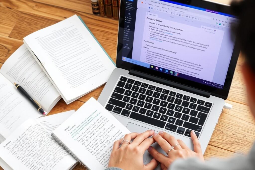 A student using AI writing tools ethically for academic assistance