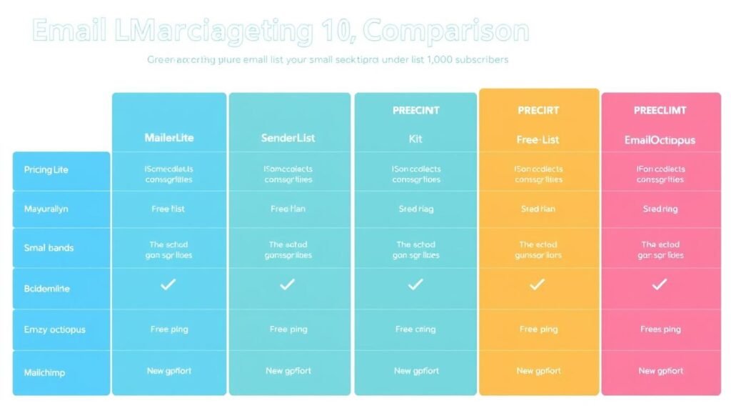 A visual comparison of pricing tiers for different email marketing platforms for small lists under 1,000 subscribers A visual comparison of pricing tiers for different email marketing platforms for small lists under 1,000 subscribers