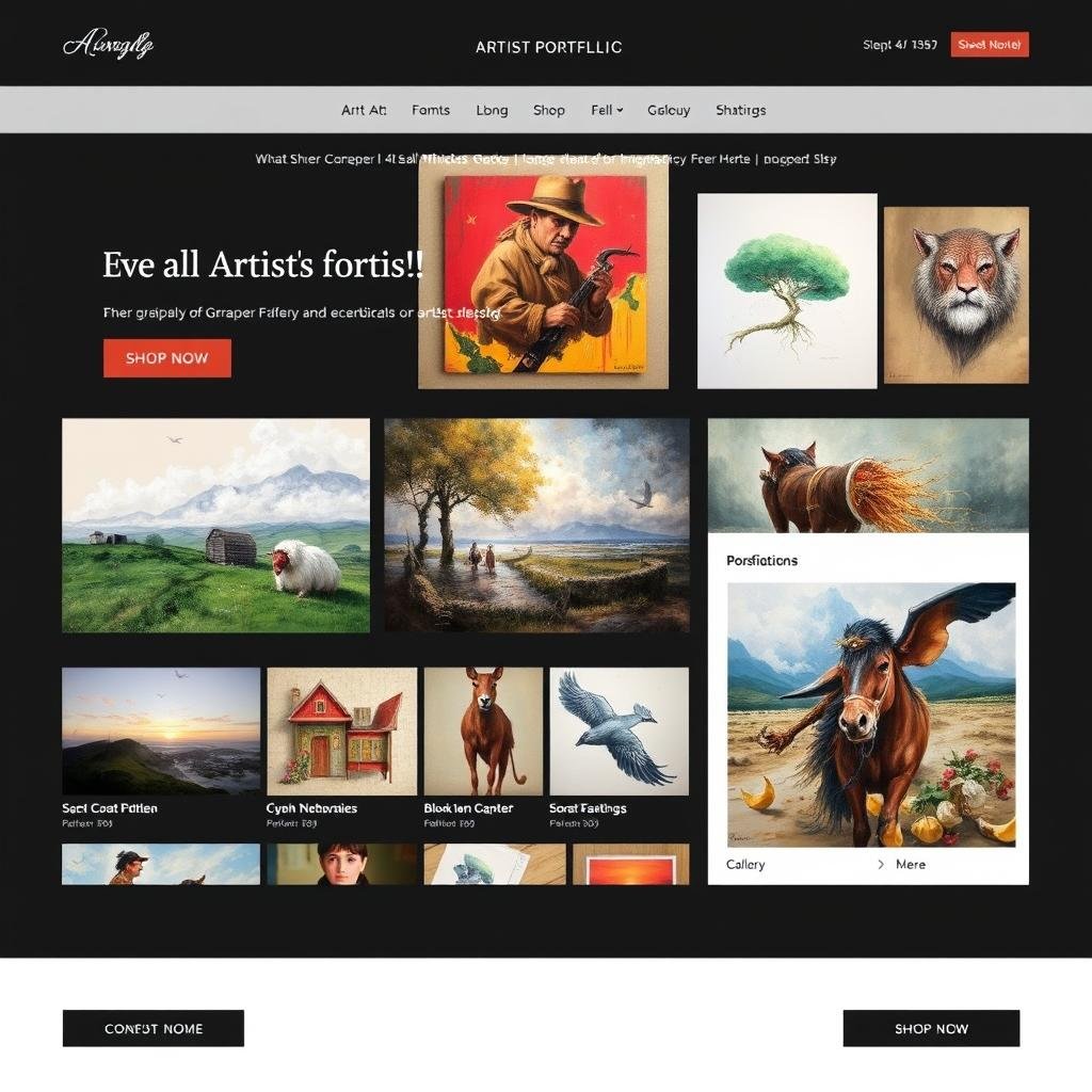 Artist portfolio website example showing artwork gallery and shop