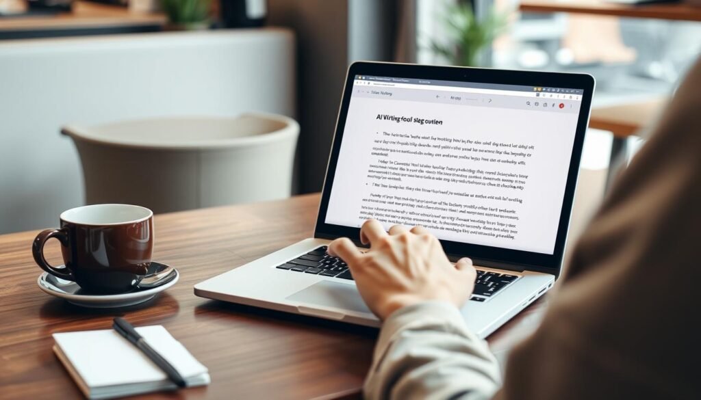 Blogger using best AI writing tool for blog posts on laptop