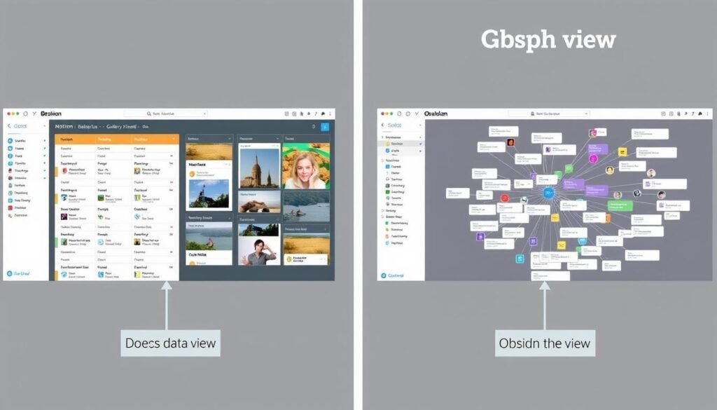 Comparison of Notion's database view and Obsidian's graph view for Second Brain organization