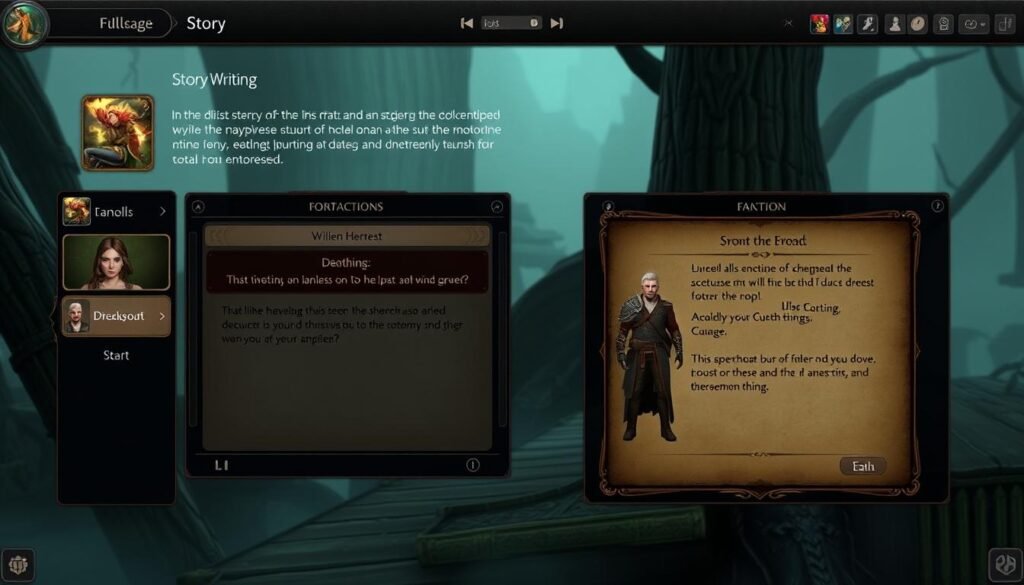 DreamGen interface showing story-writing mode and character interaction DreamGen interface showing story-writing mode and character interaction