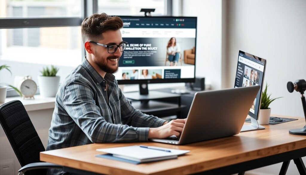 Freelancer working on their website using a no-code website builder