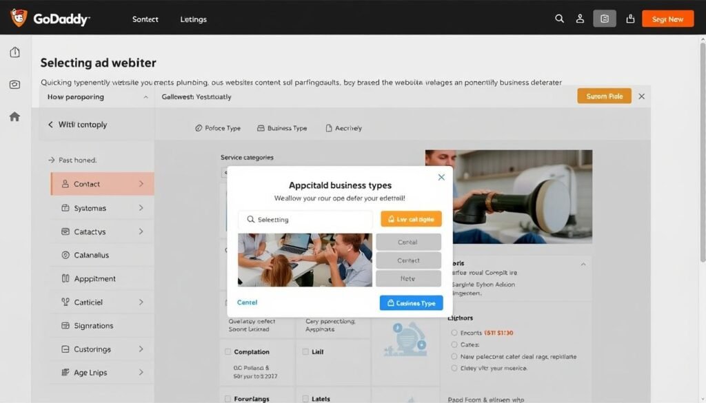 GoDaddy Website Builder interface showing a quick setup for a plumbing business
