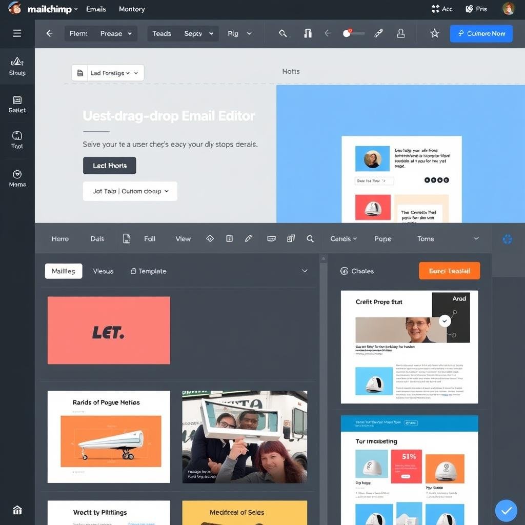 Mailchimp's drag-and-drop email editor interface showing its user-friendly design elements and template options