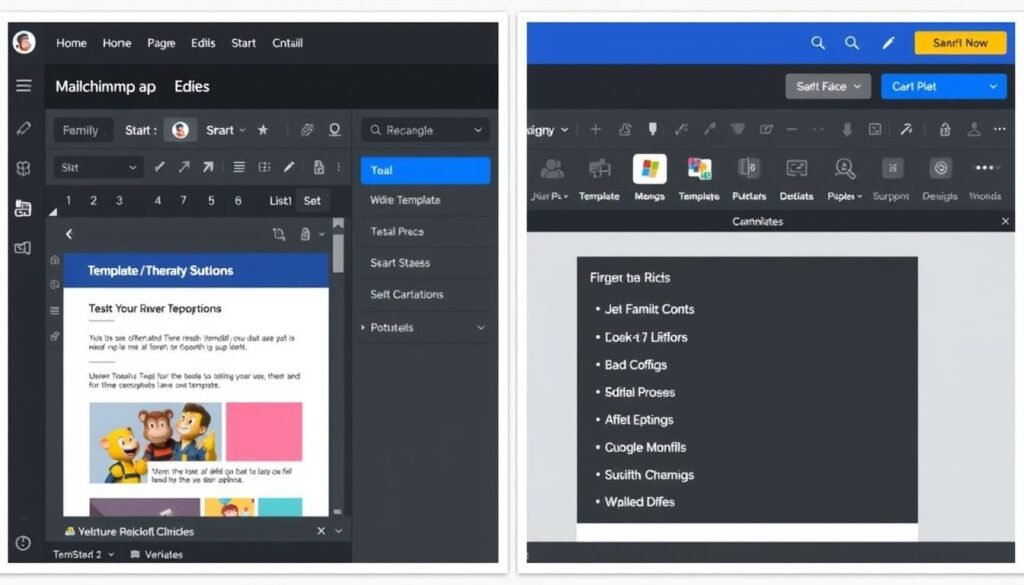 Mailchimp's email editor showing its template options and feature-rich interface for newsletter creation Mailchimp's email editor showing its template options and feature-rich interface for newsletter creation
