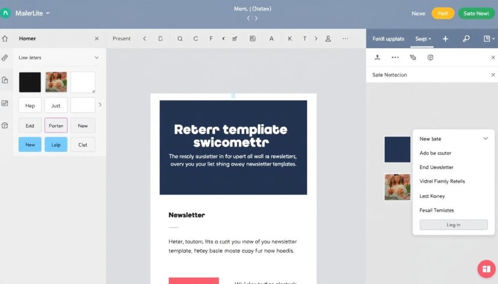 MailerLite's drag-and-drop editor showing a newsletter template being customized