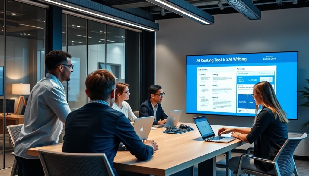 Marketing team collaborating using best AI writing tool for blog posts