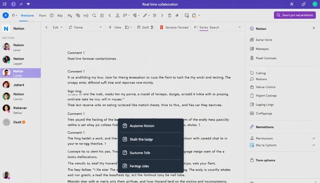 Notion's collaboration features showing multiple users editing a document with comments