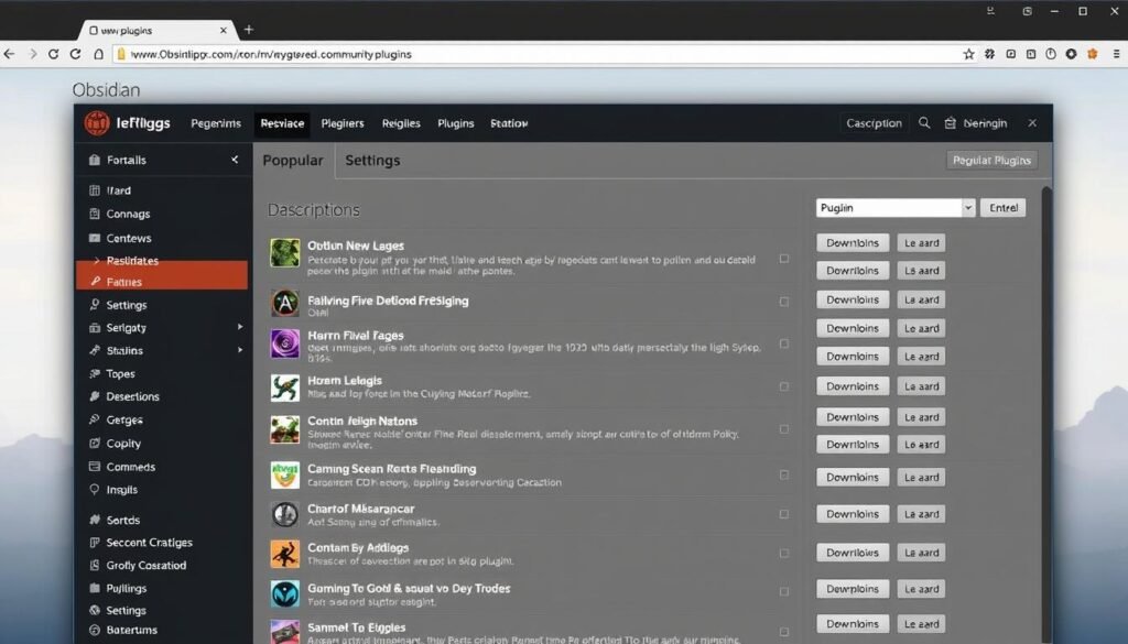 Obsidian's community plugins page showing various extensions to enhance functionality