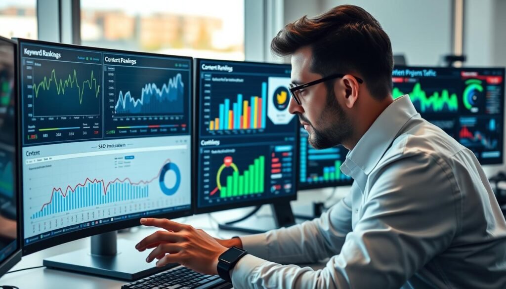 SEO specialist analyzing content metrics from best AI writing tool for blog posts