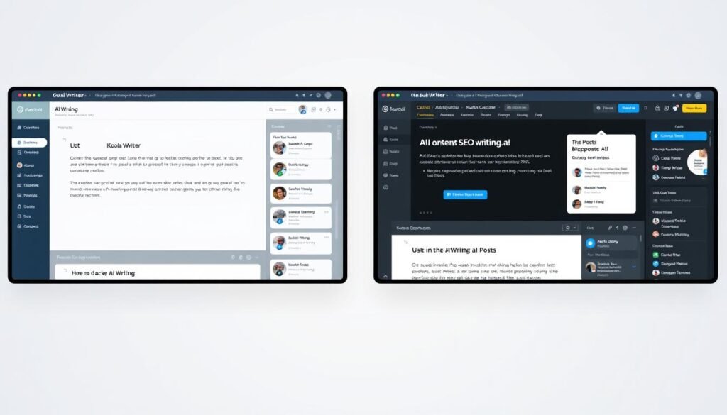 Side-by-side comparison of Koala Writer and SEOwriting.ai interfaces showing best AI writing tool for blog posts features