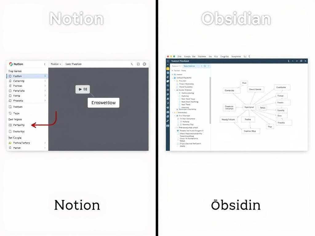 Side-by-side comparison of Notion and Obsidian interfaces for Second Brain building