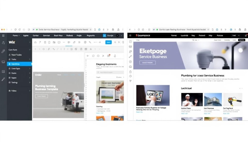 Side-by-side comparison of Wix and Squarespace interfaces for service businesses