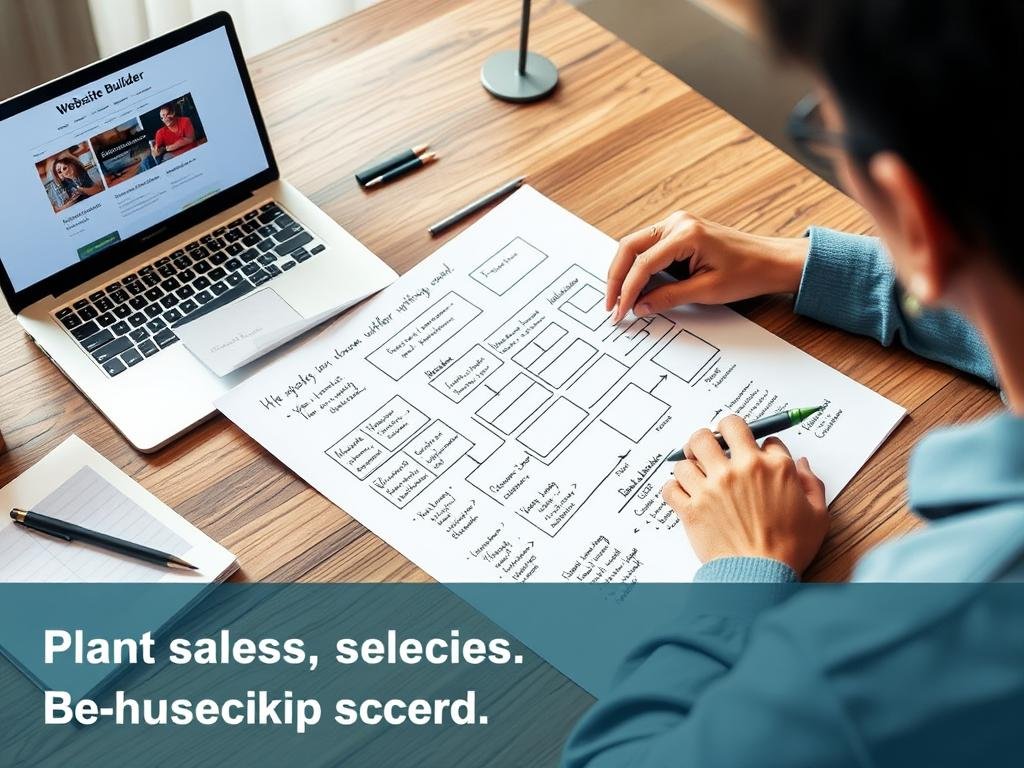 Small business owner planning website on paper before building online