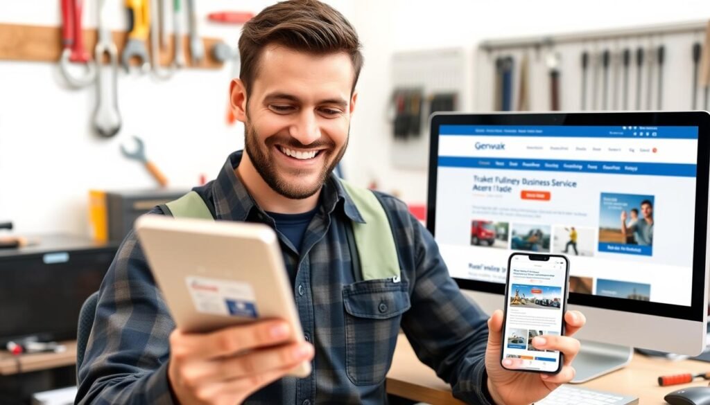 Successful trade business owner reviewing their new website on multiple devices