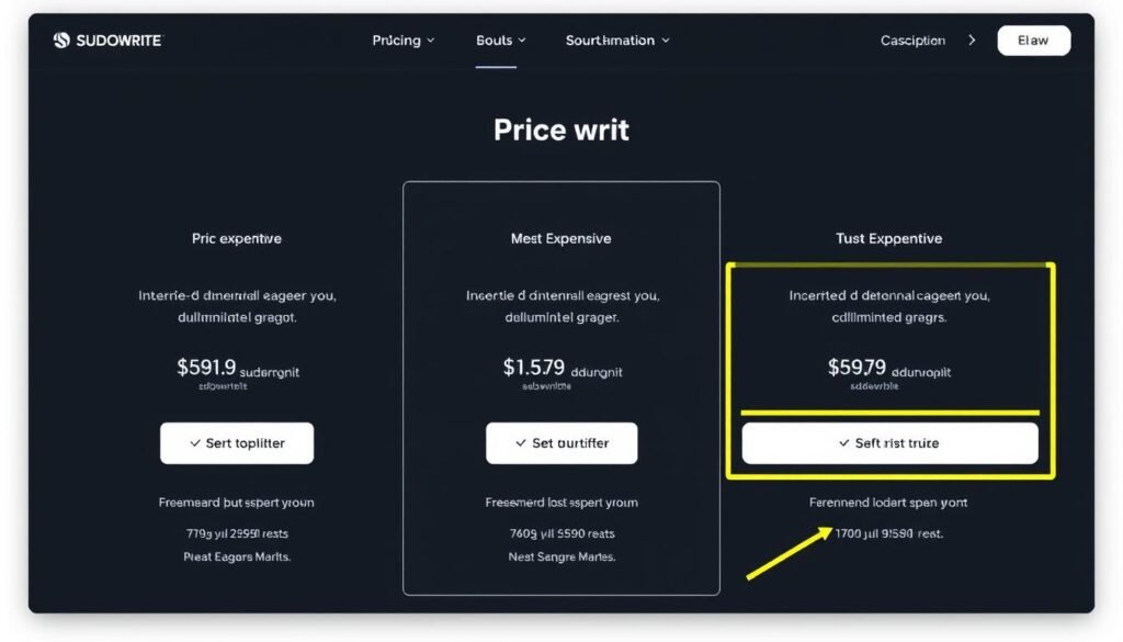Sudowrite interface showing its pricing page with subscription tiers Sudowrite interface showing its pricing page with subscription tiers