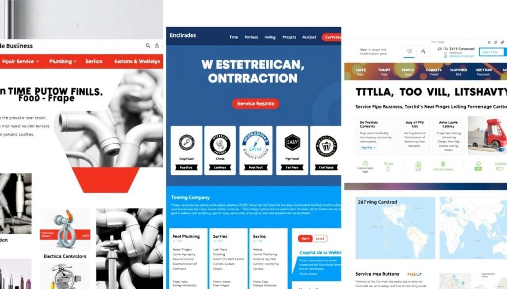 Three different trade business websites showing industry-specific features