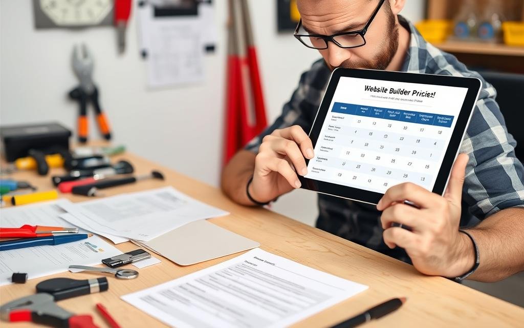Trade business owner comparing website builder pricing plans on tablet