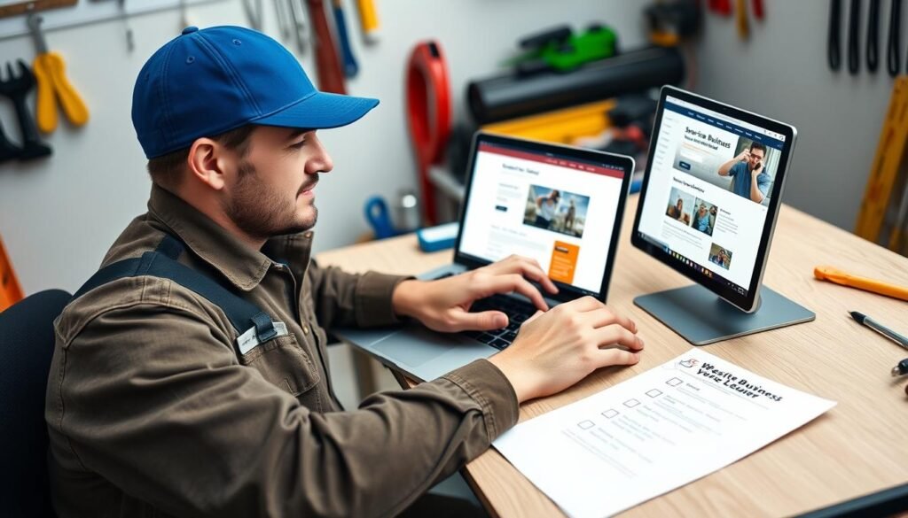Trade professional using laptop to build business website with checklist nearby