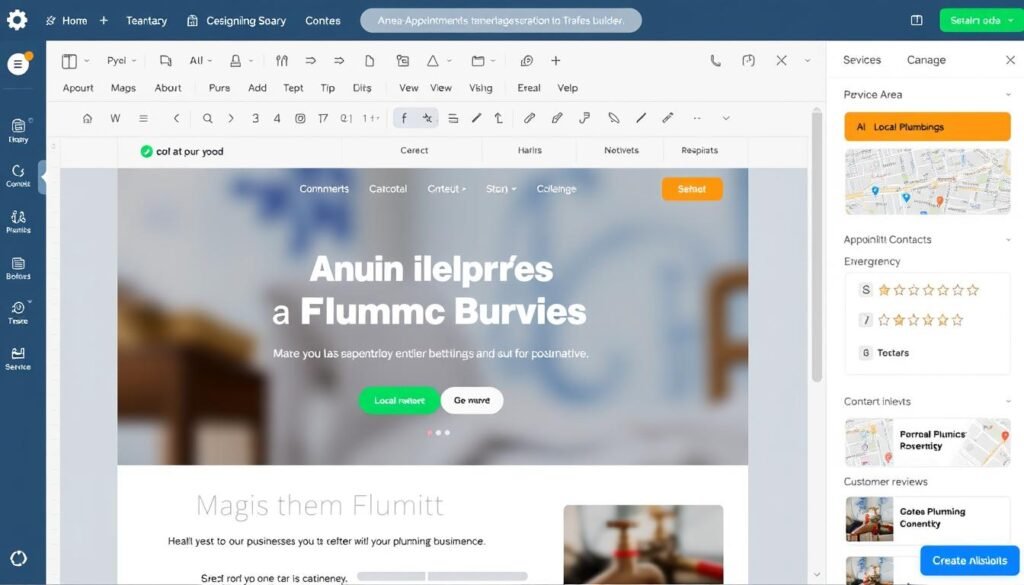 Website builder interface showing trade business features like appointment booking and service maps