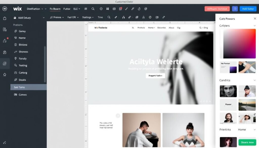 Wix editor interface showing portfolio template customization for freelancers and creators