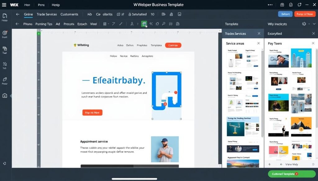 Wix website builder interface showing a plumbing business template