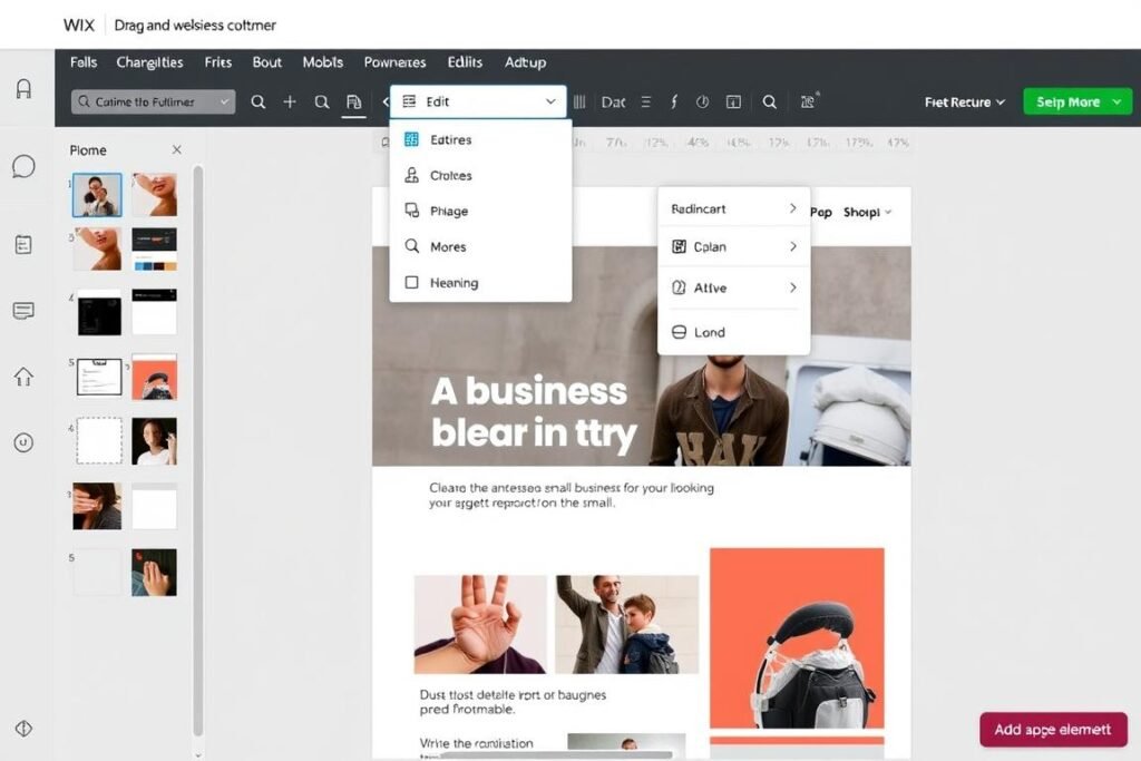 Wix website builder interface showing drag-and-drop functionality for small business website