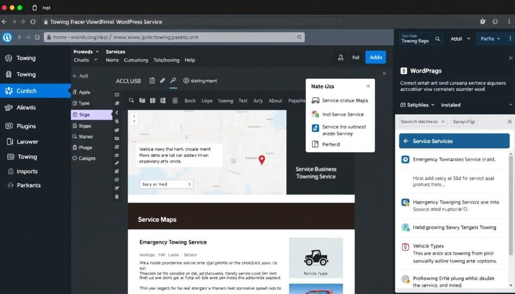 WordPress dashboard showing a towing company website being built