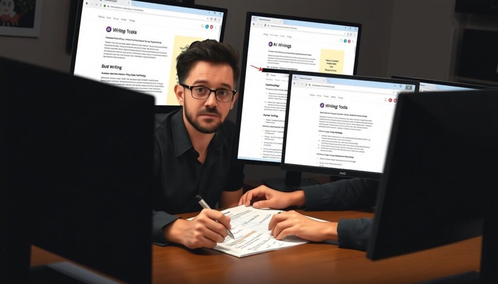 Writer at computer comparing different AI writing tools with notes Writer at computer comparing different AI writing tools with notes