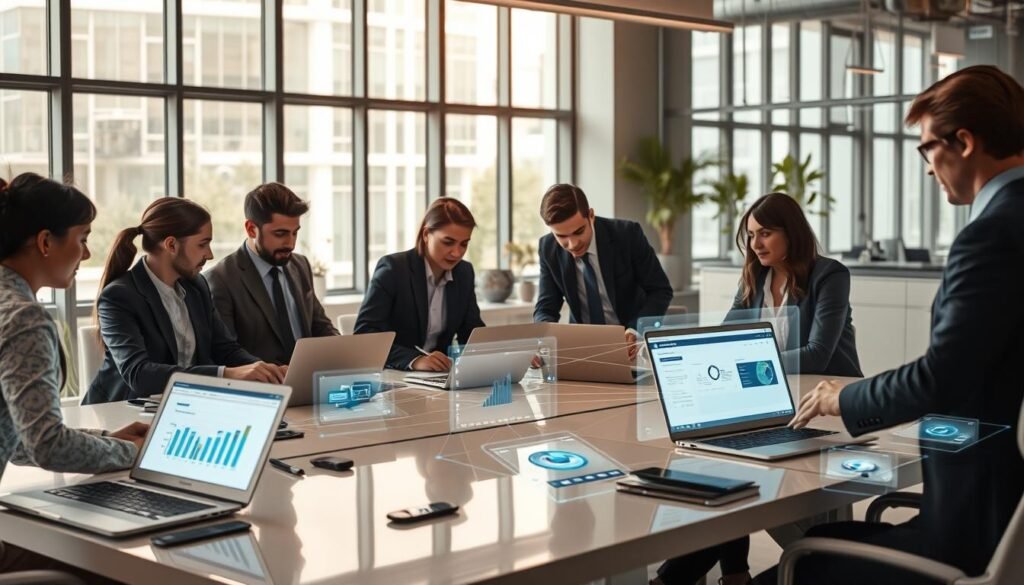 A modern, professional workspace illustrating a scalability support platform. In the foreground, diverse professionals in business attire collaborate around a sleek table filled with laptops and digital devices, showcasing graphs and dashboards on screens. In the middle ground, visible holographic projections of interconnected project management tools demonstrate seamless scaling from individual projects to comprehensive portfolios. The background features a contemporary office environment with large windows allowing natural light to flood in, creating an inviting atmosphere. The scene is captured from a slightly elevated angle to emphasize the team’s engagement and the technology in use, creating a mood of innovation and growth in the realm of project management.