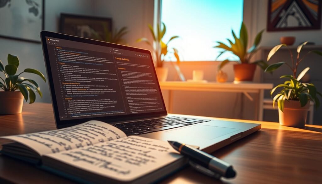 A modern workspace scene showcasing “Frase outlines” in action. In the foreground, an open laptop displays a sleek interface loaded with organized text outlines and research notes, illuminated by a soft, warm light. Beside it, a notepad with handwritten ideas and a pen are casually placed. The middle ground features a stylish desk with a minimalist design, surrounded by lush indoor plants for a refreshing touch. In the background, a bright window reveals a clear blue sky, enhancing the creative atmosphere of the space. The overall mood is focused yet vibrant, reflecting the synergy of technology and creativity in content planning. Aim for a close-up angle to capture the details prominently, with gentle, natural light illuminating the scene. A modern workspace scene showcasing “Frase outlines” in action. In the foreground, an open laptop displays a sleek interface loaded with organized text outlines and research notes, illuminated by a soft, warm light. Beside it, a notepad with handwritten ideas and a pen are casually placed. The middle ground features a stylish desk with a minimalist design, surrounded by lush indoor plants for a refreshing touch. In the background, a bright window reveals a clear blue sky, enhancing the creative atmosphere of the space. The overall mood is focused yet vibrant, reflecting the synergy of technology and creativity in content planning. Aim for a close-up angle to capture the details prominently, with gentle, natural light illuminating the scene.