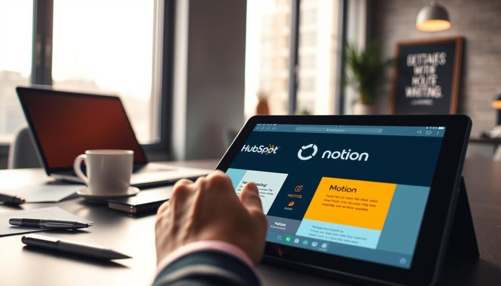 A sleek and modern workspace featuring a digital tablet displaying the HubSpot and Notion interfaces, symbolizing platform-native writing tools. In the foreground, focus on a hand typing on the tablet, showcasing a professional setting with a clean, organized desk—complete with a stylish pen, a coffee mug, and scattered notes. The middle ground highlights a glowing laptop next to a motivational quote framed on the wall. The background features large windows allowing natural light to flood in, illuminating the space and creating a warm atmosphere. Use a shallow depth of field to blur the background slightly, emphasizing the focus on the tablet and the act of digital writing. The mood is productive and innovative, representing the seamless integration of AI in content creation. A sleek and modern workspace featuring a digital tablet displaying the HubSpot and Notion interfaces, symbolizing platform-native writing tools. In the foreground, focus on a hand typing on the tablet, showcasing a professional setting with a clean, organized desk—complete with a stylish pen, a coffee mug, and scattered notes. The middle ground highlights a glowing laptop next to a motivational quote framed on the wall. The background features large windows allowing natural light to flood in, illuminating the space and creating a warm atmosphere. Use a shallow depth of field to blur the background slightly, emphasizing the focus on the tablet and the act of digital writing. The mood is productive and innovative, representing the seamless integration of AI in content creation.