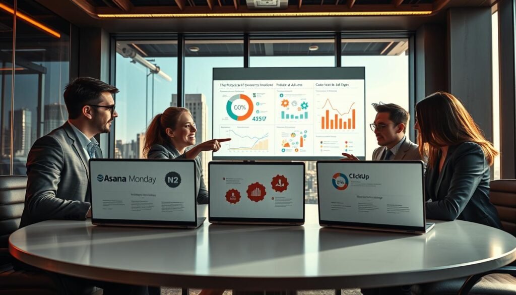 A sleek, modern office environment showcasing a round table with three laptops open, each displaying icons representing Asana, Monday, and ClickUp. In the foreground, a diverse group of three professionals in business attire is engaged in a lively discussion, pointing to the screens with expressions of concentration and collaboration. The middle ground features charts and graphs projected on a screen, illustrating integrations and add-ons, with visual elements like gears and puzzle pieces symbolizing connectivity. The background reveals a window view of a bustling city skyline, indicating a vibrant work atmosphere. Warm, natural lighting streams in, creating a productive and inspiring mood. The angle captures the dynamics of the discussion and the tools being analyzed, emphasizing the theme of total cost of ownership in project management software.