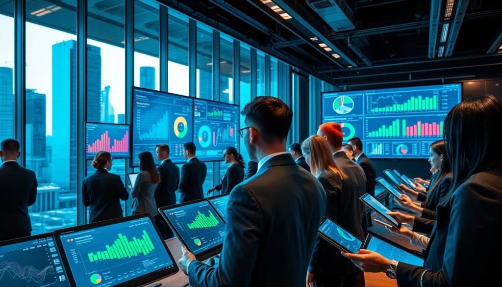 A modern office environment showcasing embedded analytics on large screens. In the foreground, a diverse group of professionals in business attire, analyzing data visualizations on tablets. In the middle, sleek monitors display colorful graphs, pie charts, and dashboards that represent data integration and business intelligence tools. The background features a glass wall with a city skyline view, bathed in natural light to create an inviting atmosphere. The color palette is a mix of blue and green tones, symbolizing trust and growth. The setting is bustling yet focused, capturing the essence of teamwork and data-driven decision-making. The angle is slightly elevated, giving a comprehensive view of the collaborative workspace, enhancing the mood of innovation and productivity.