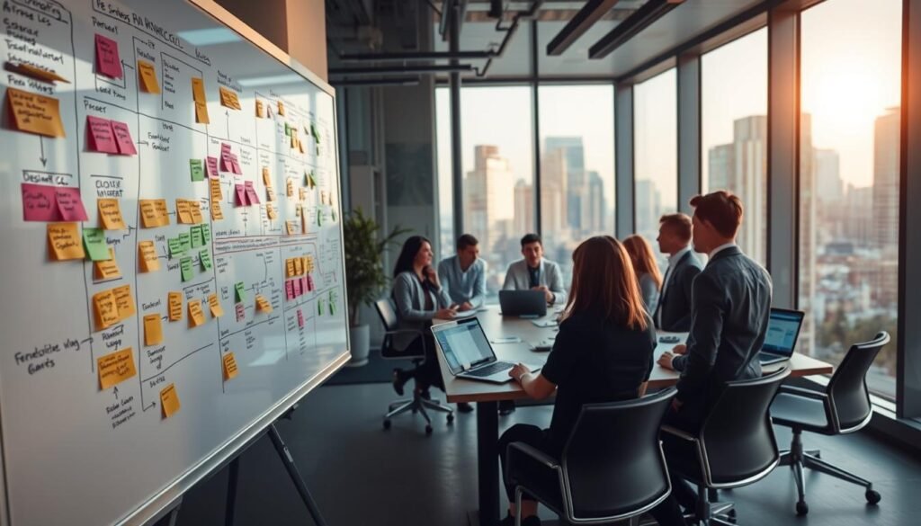 A modern office setting illustrating a detailed workflow for subcontractors in the construction industry. In the foreground, a large whiteboard filled with colorful sticky notes and diagrams depicts various project phases and tasks. The middle ground features a diverse group of professionals in business attire, engaged in discussion around a conference table, surrounded by laptops and tablets displaying construction software. The background showcases a cityscape through large windows, with warm, natural light streaming in, creating a productive and inspiring atmosphere. The overall mood is collaborative and efficient, emphasizing the importance of streamlined communication and project management in subcontractor operations.